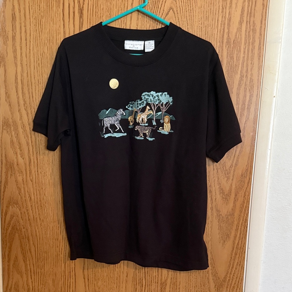 Vintage Christopher & Banks Black Safari Embroidered T-Shirt Zebra Lion Giraffe